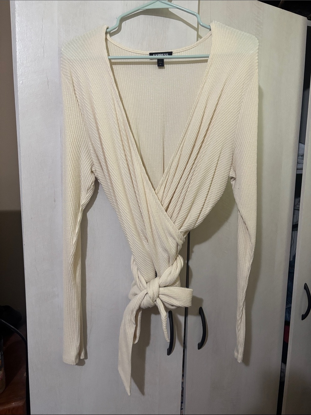 Express Cream Ribbed Wrap Tie-Front Long Sleeve Top